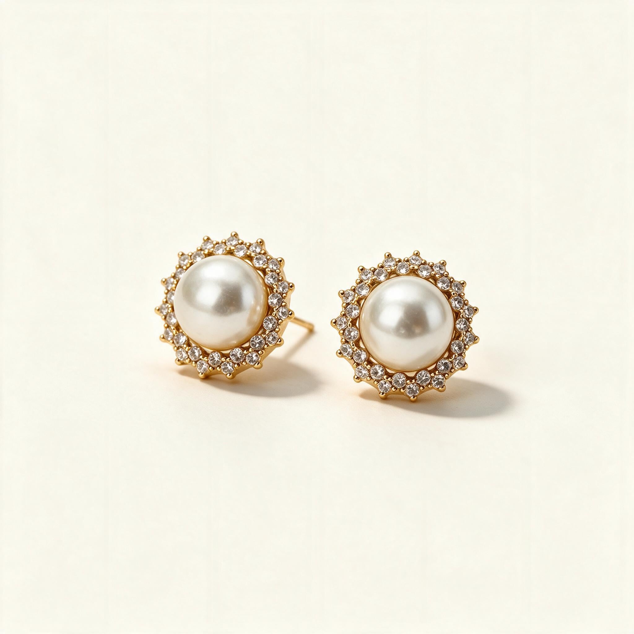 Gold-tone pearl stud earrings with a scalloped sunburst cubic zirconia halo on ivory background