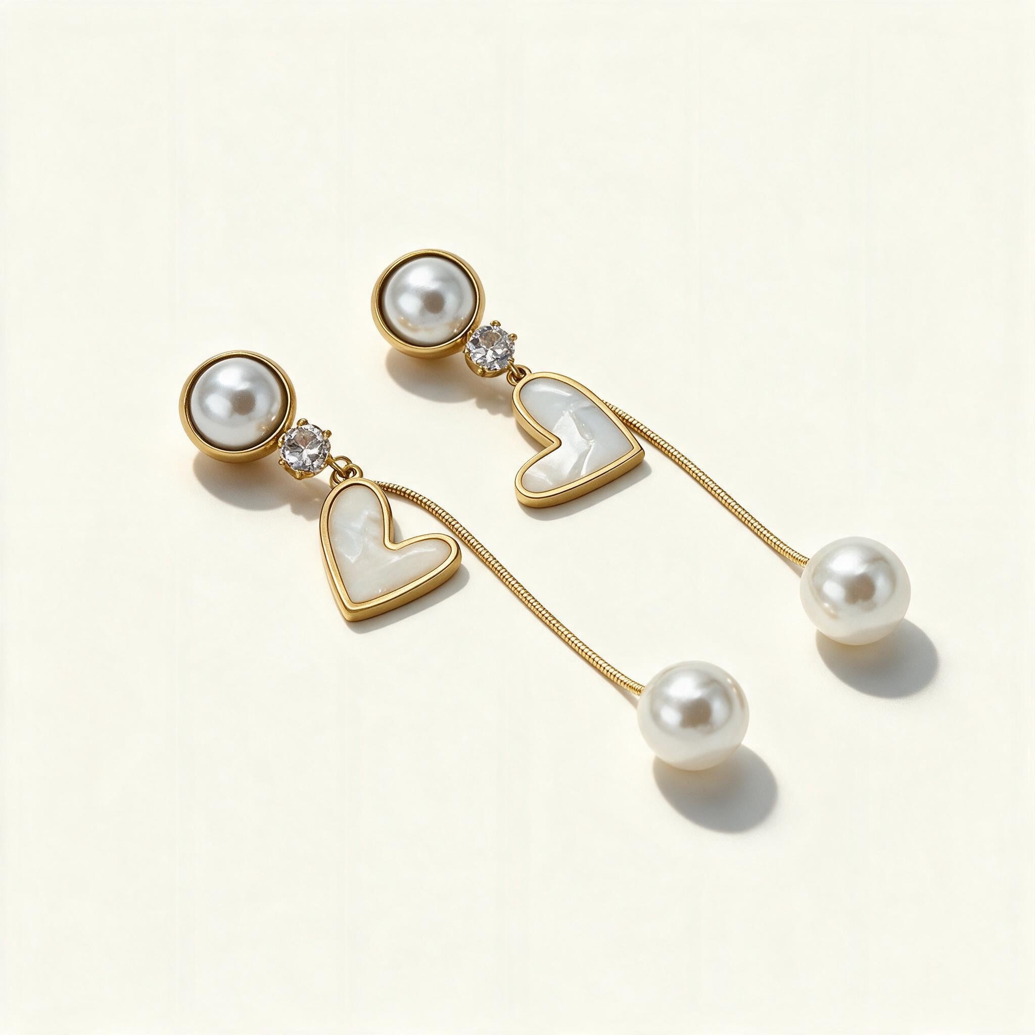 Gold-tone long drop earrings with pearl stud, mother of pearl heart and snake chain ending in a pearl