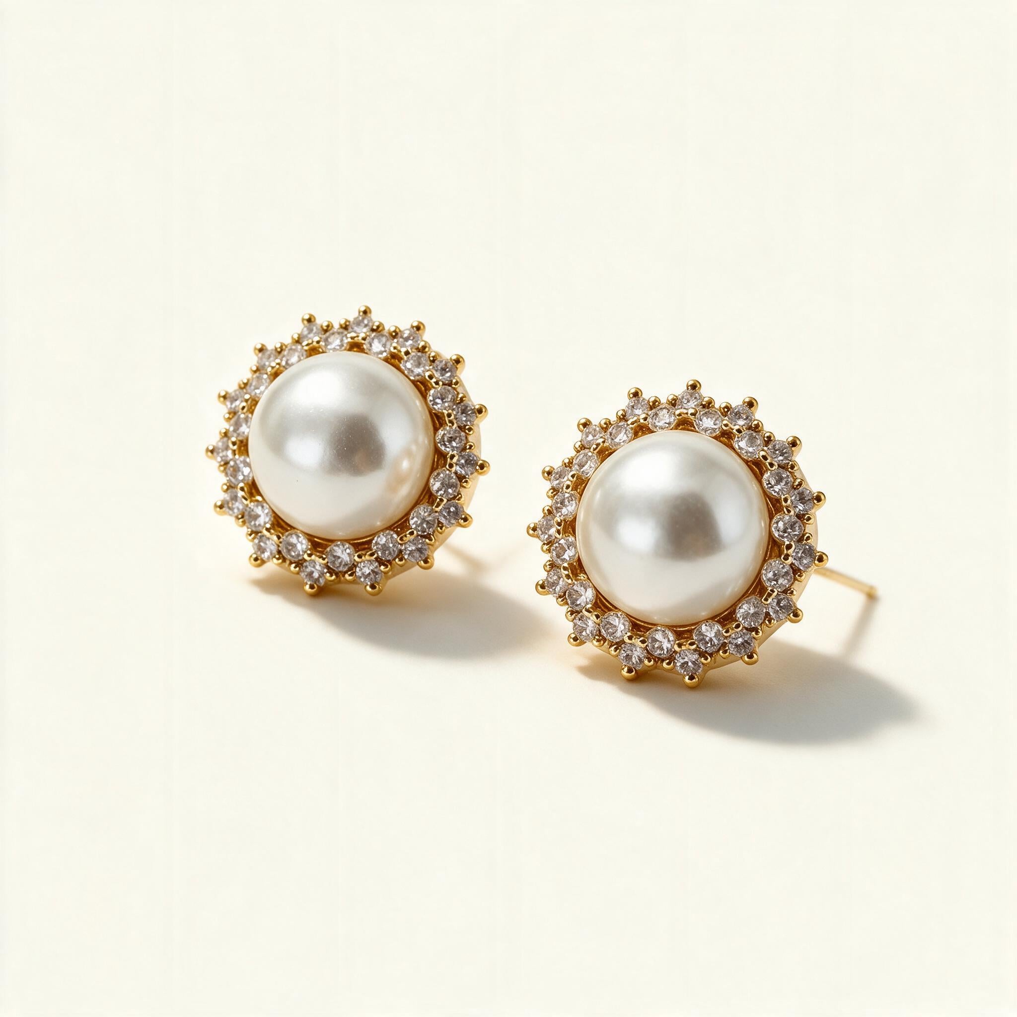 Gold-tone stud earrings with a large white shell pearl inside a claw-set cubic zirconia halo on ivory background