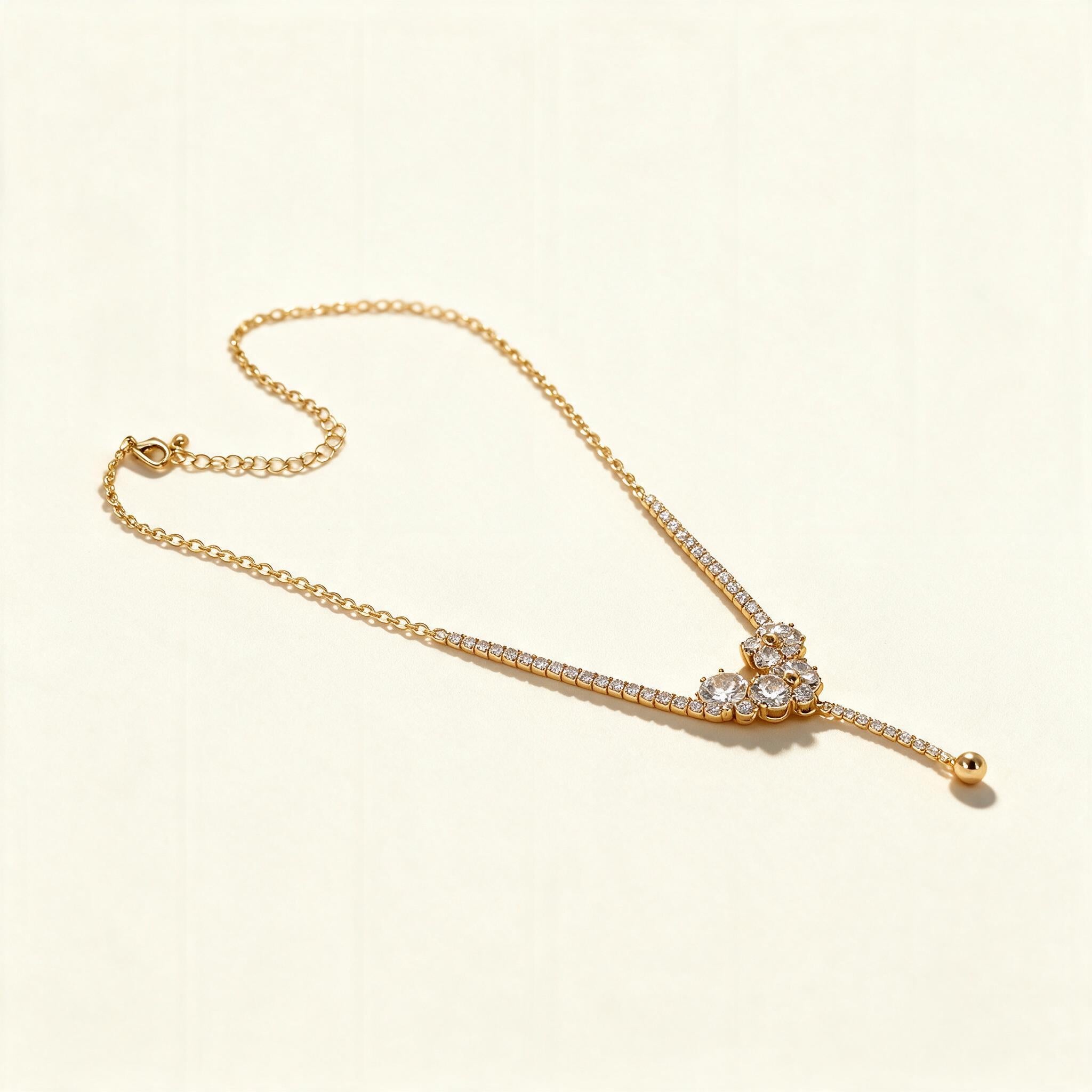 Gold-tone necklace with angled cubic zirconia bar, crystal flower and bead drop