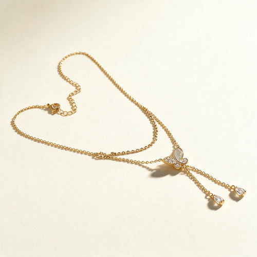 Gold-tone Y lariat necklace with cubic zirconia butterfly and teardrop stones