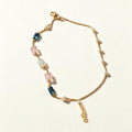 Gold-tone box chain necklace with blue, pink and opal crystal beads and pearls