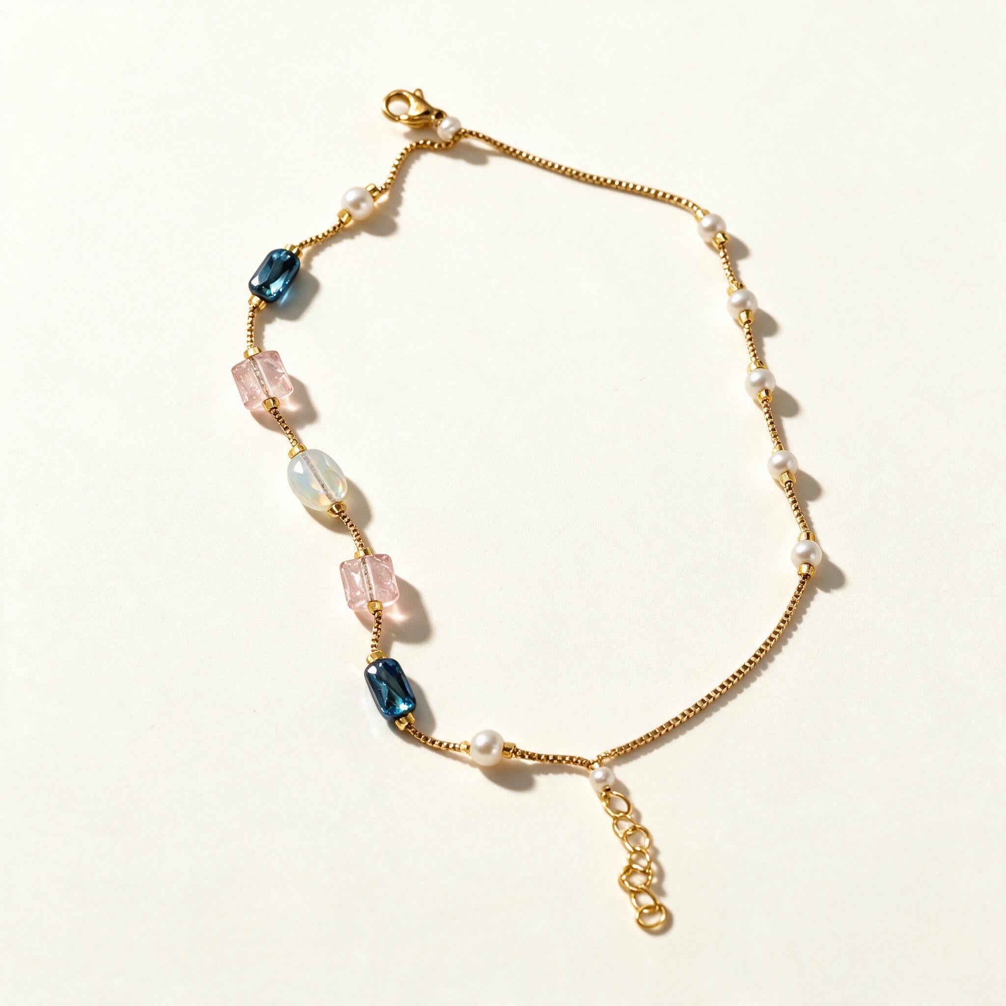 Gold-tone box chain necklace with blue, pink and opal crystal beads and pearls