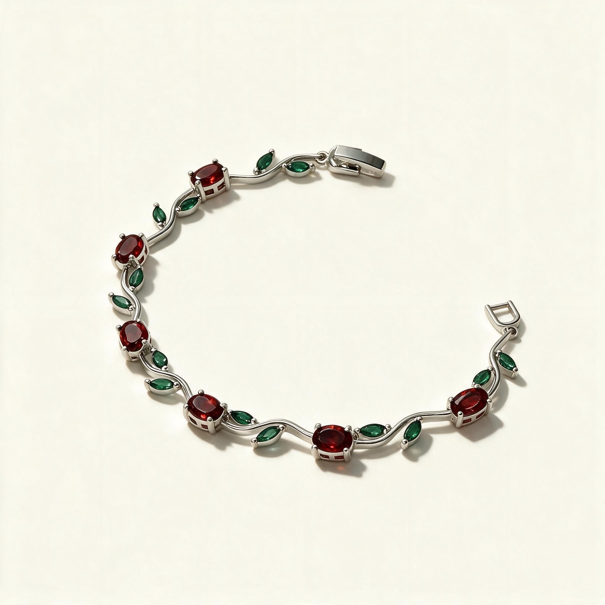 Silver-tone tennis bracelet with red ruby stones and green marquise leaf accents