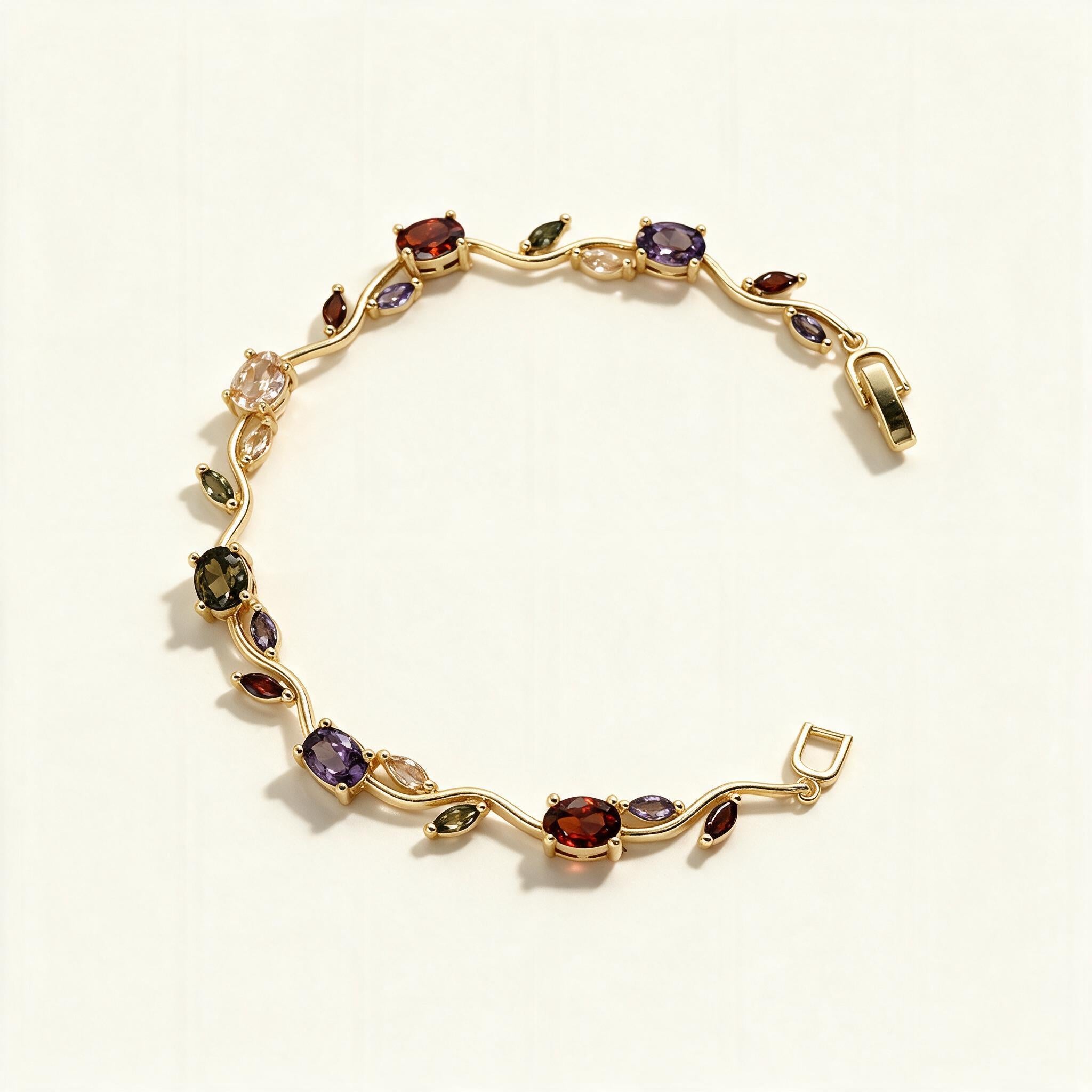 Gold-tone tennis bracelet with red, purple, olive and champagne oval stones