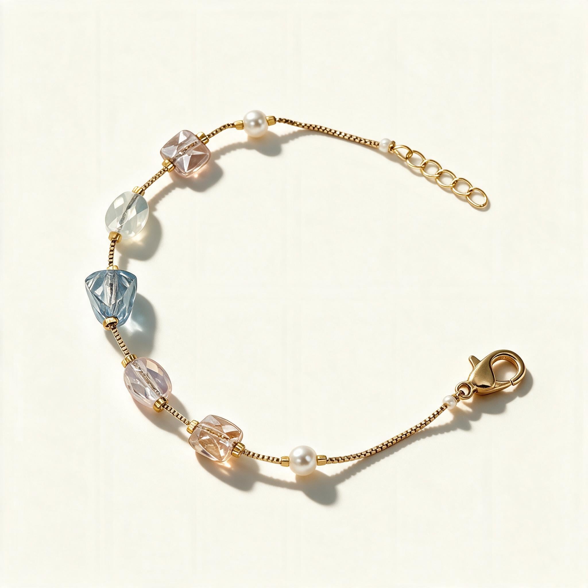 Gold-tone chain bracelet with pastel blue and pink crystal beads and small pearls