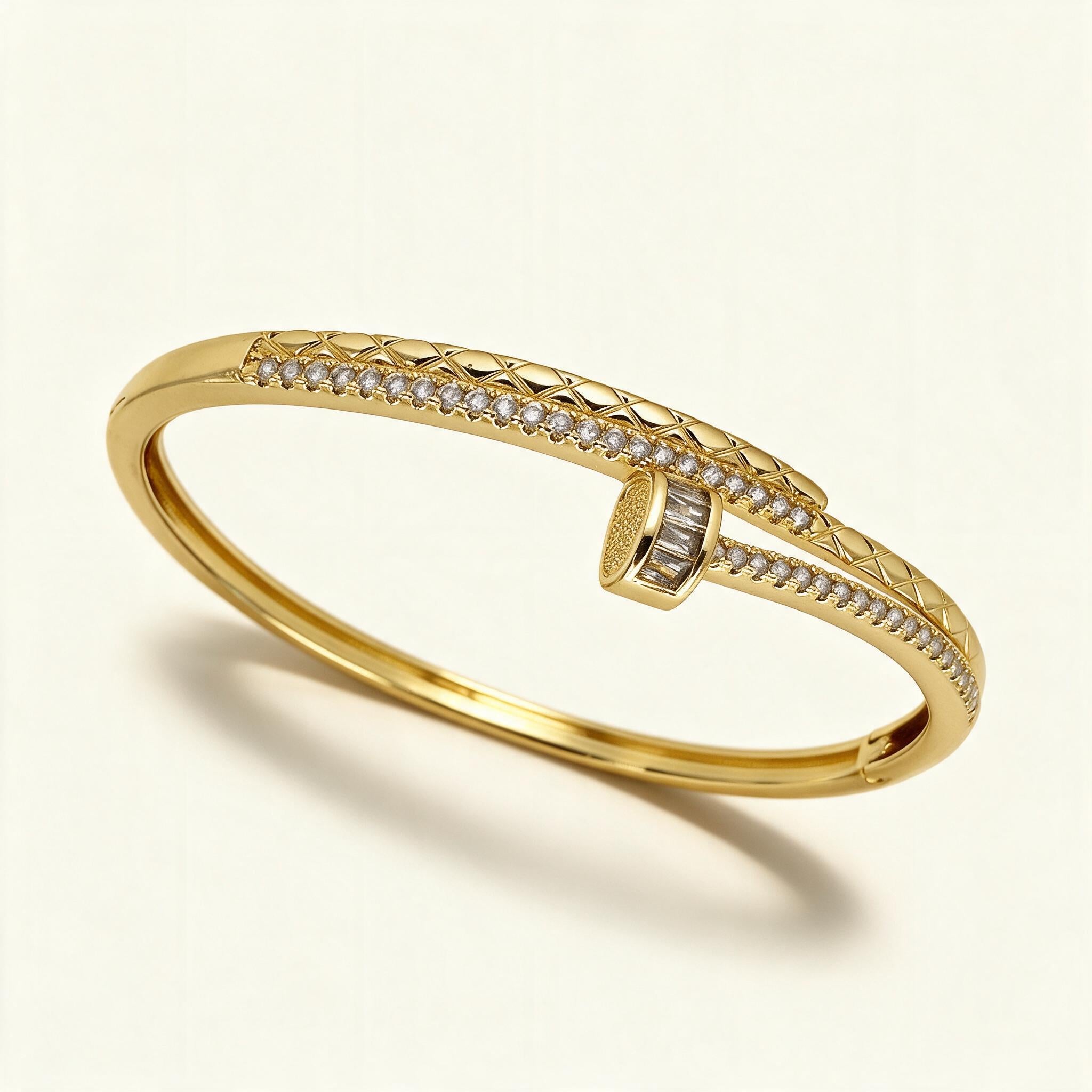 Gold-tone quilted bangle with crossover pavé cubic zirconia line