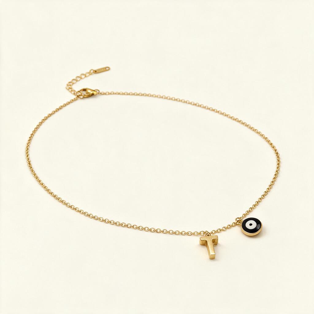 Gold-tone single fine chain necklace with black enamel evil eye charm and initial letter T charm on ivory background