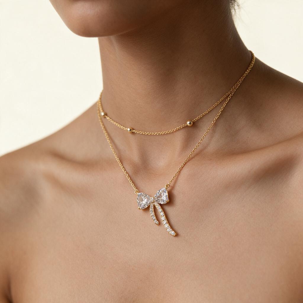 Woman wearing the gold-tone crystal bow double chain necklace at the collarbone