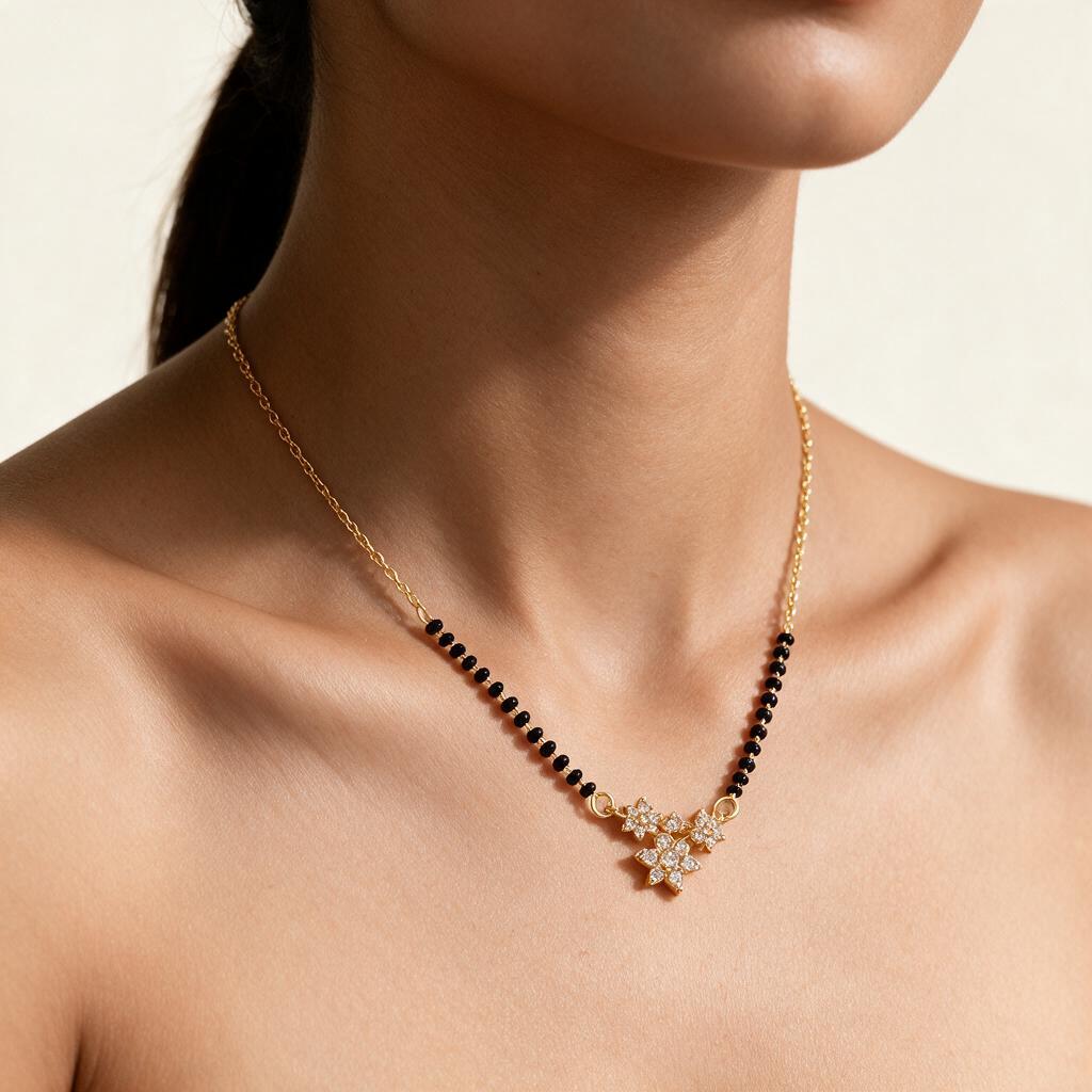Woman wearing the necklace at the collarbone