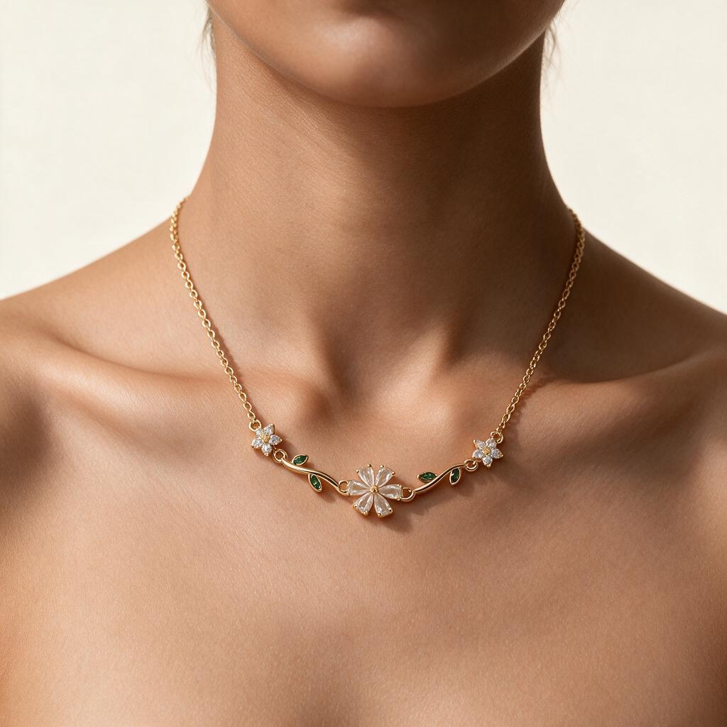 Woman wearing the necklace at the collarbone