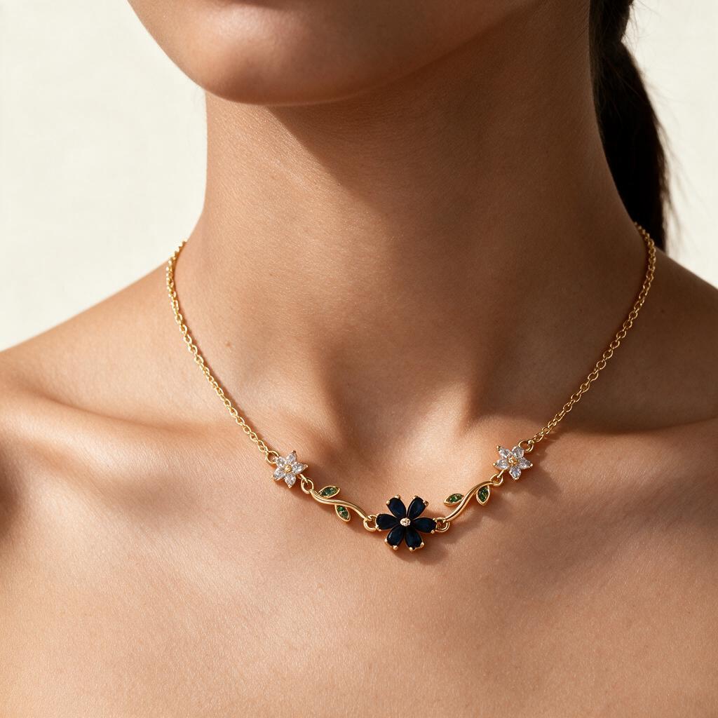 Woman wearing the necklace at the collarbone