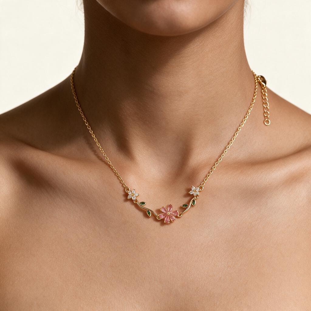 Woman wearing the necklace at the collarbone