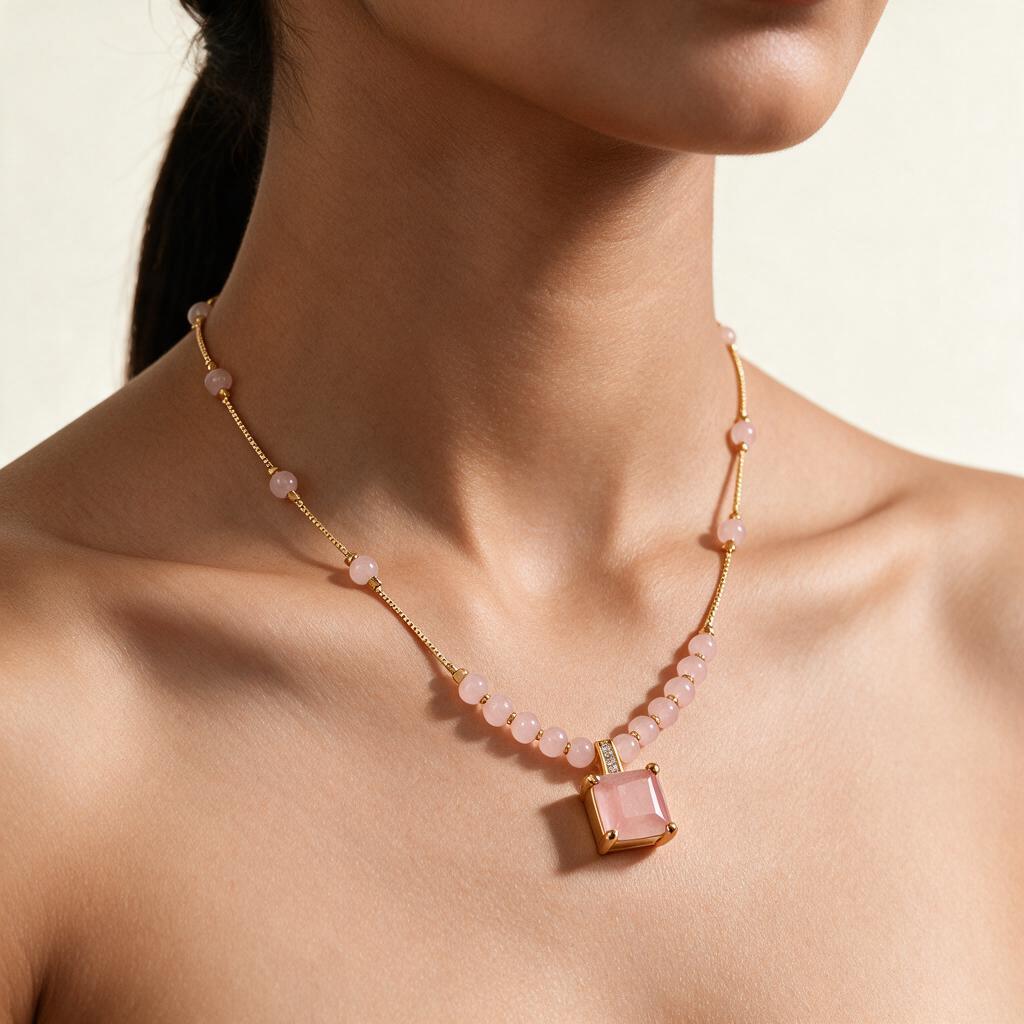 Woman wearing the necklace at the collarbone
