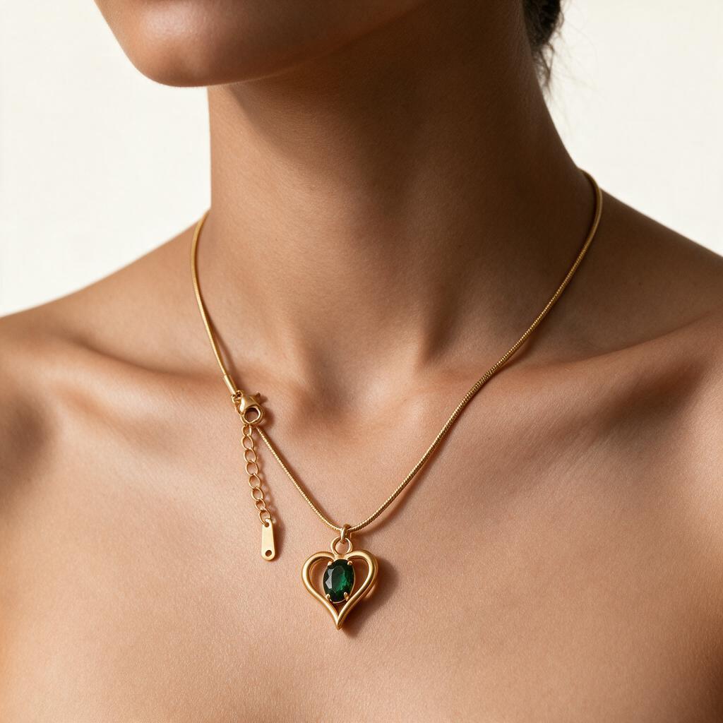 Woman wearing the necklace at the collarbone