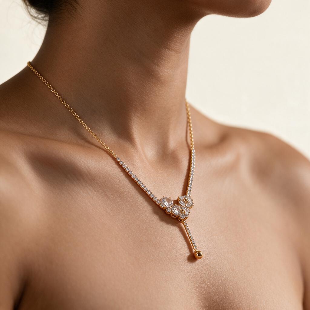 Woman wearing the necklace at the collarbone