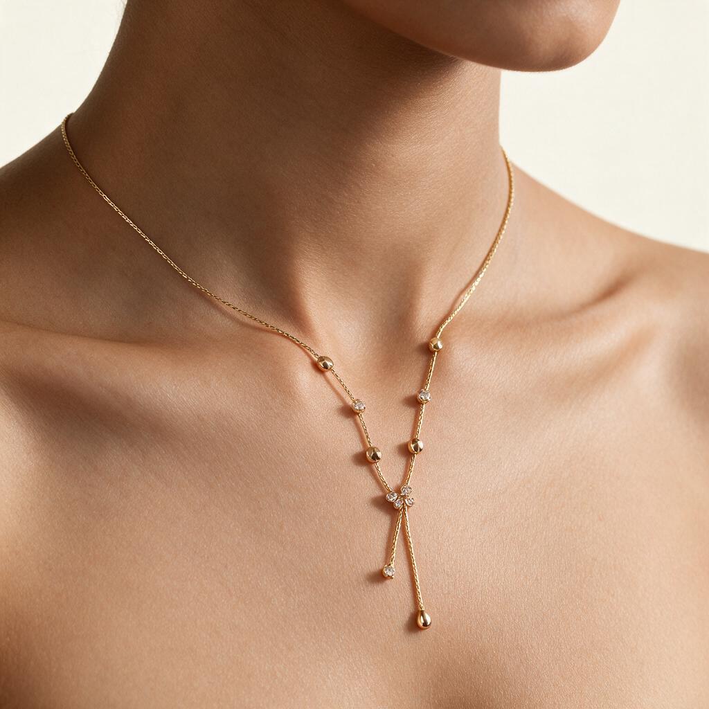 Woman wearing the necklace at the collarbone