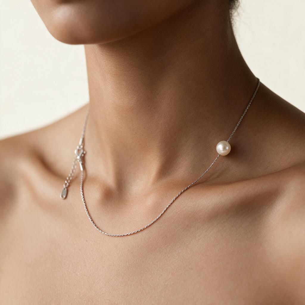 Woman wearing the necklace at the collarbone