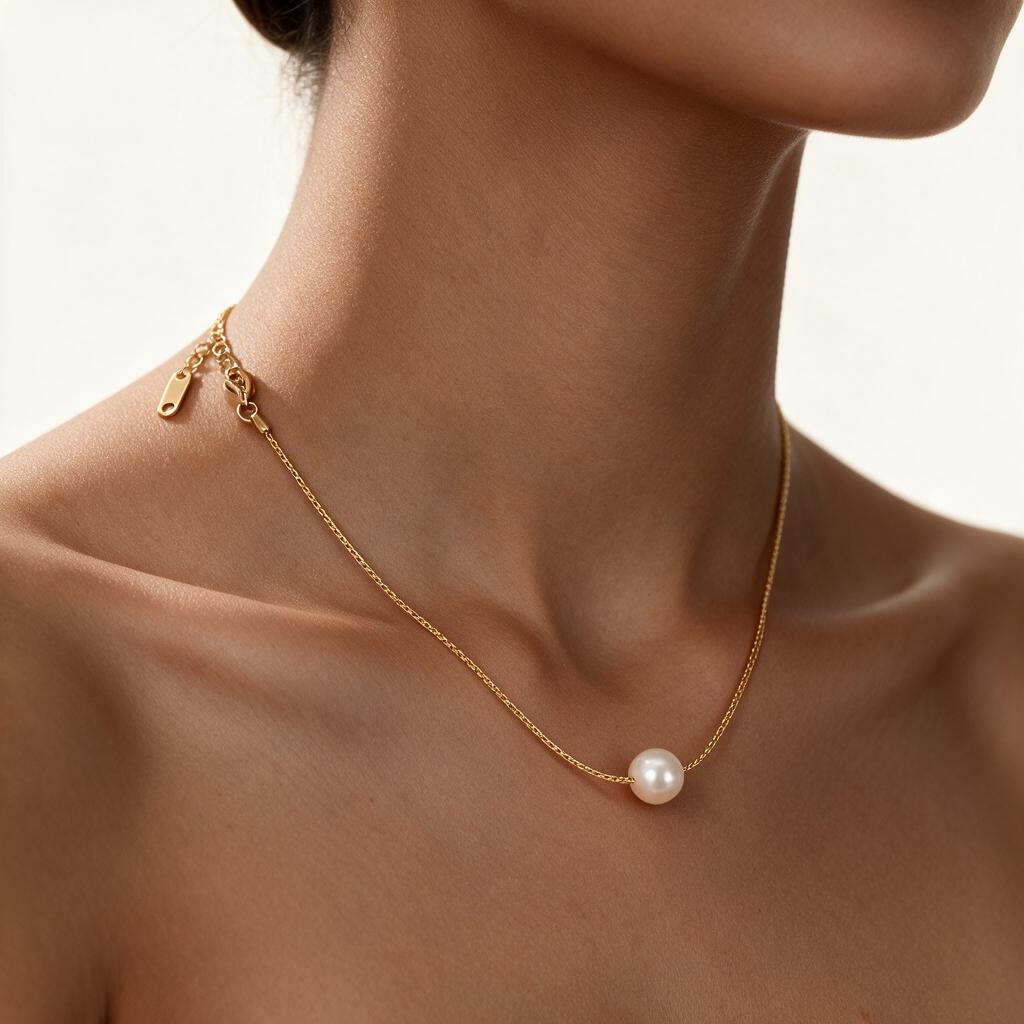 Woman wearing the necklace at the collarbone
