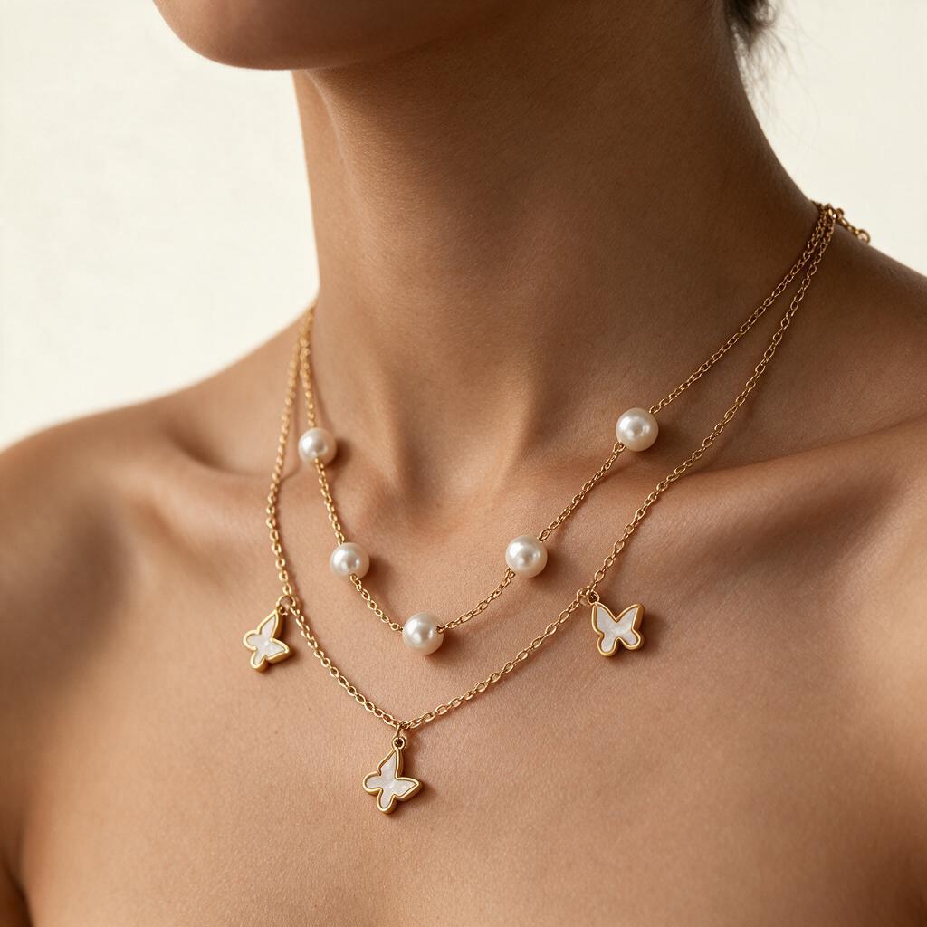 Woman wearing the necklace at the collarbone