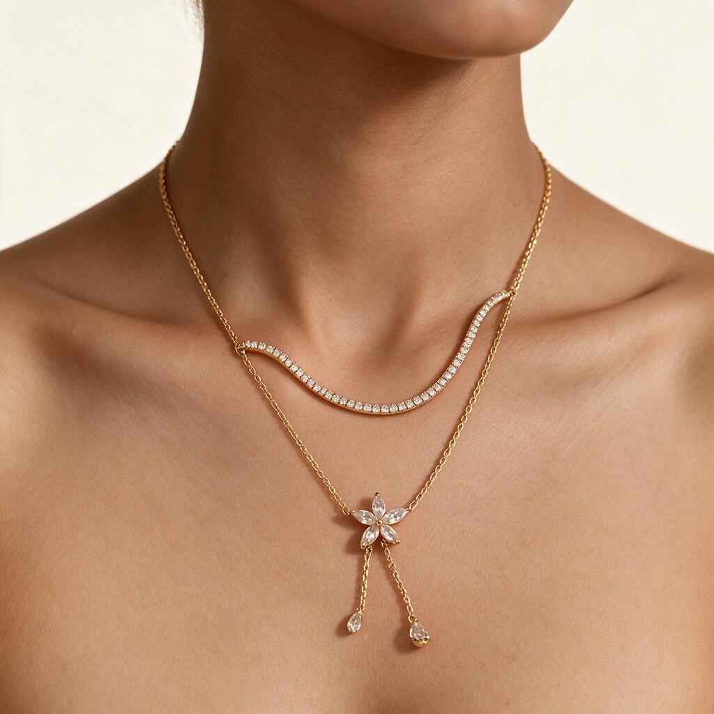 Woman wearing the necklace at the collarbone