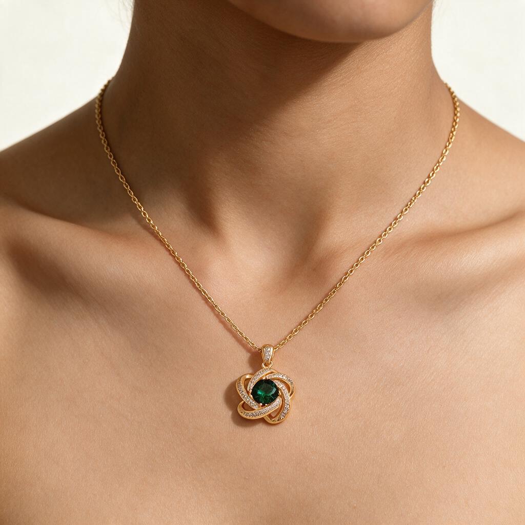 Woman wearing the necklace at the collarbone
