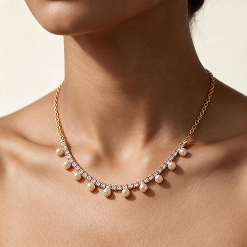 Woman wearing the necklace at the collarbone