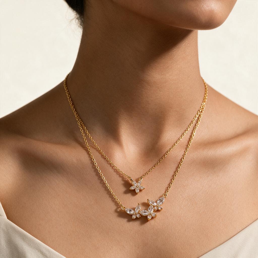 Woman wearing the necklace at the collarbone