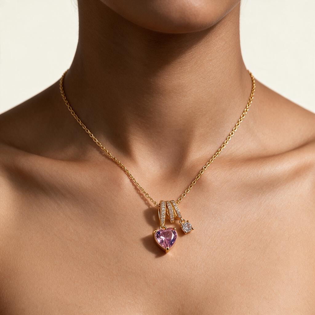 Woman wearing the necklace at the collarbone