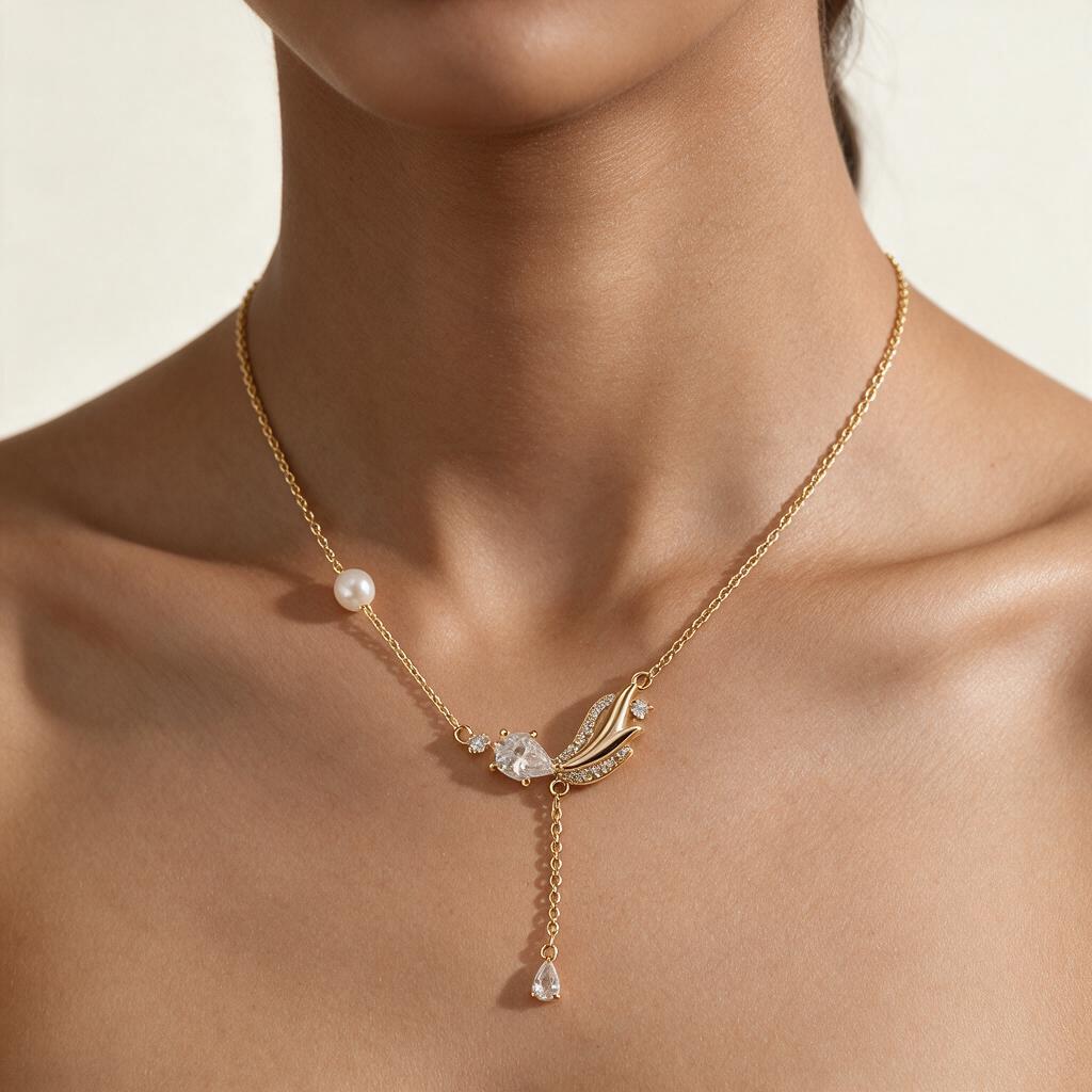 Woman wearing the necklace at the collarbone