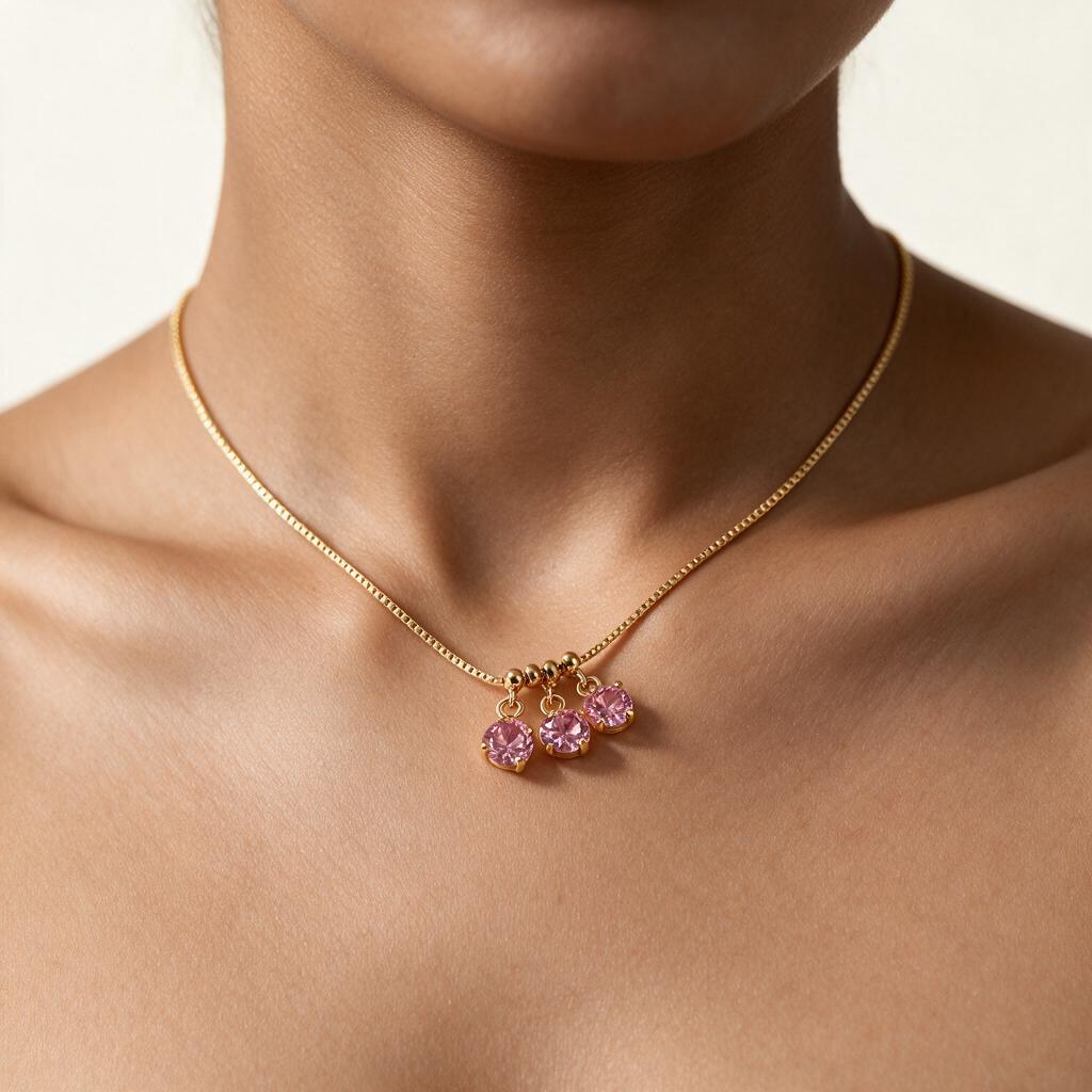 Woman wearing the necklace at the collarbone