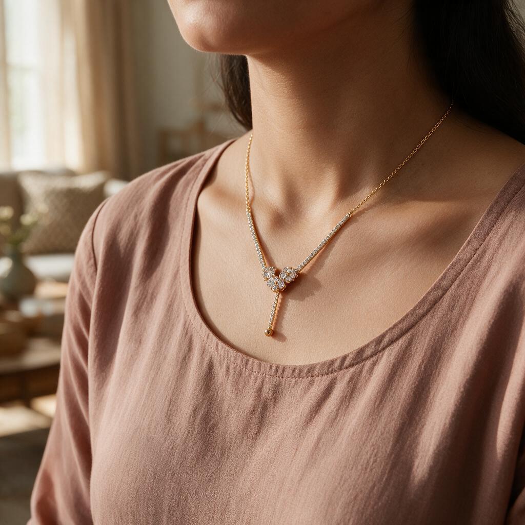 Woman at home in a cotton kurta wearing the crystal bar lariat necklace