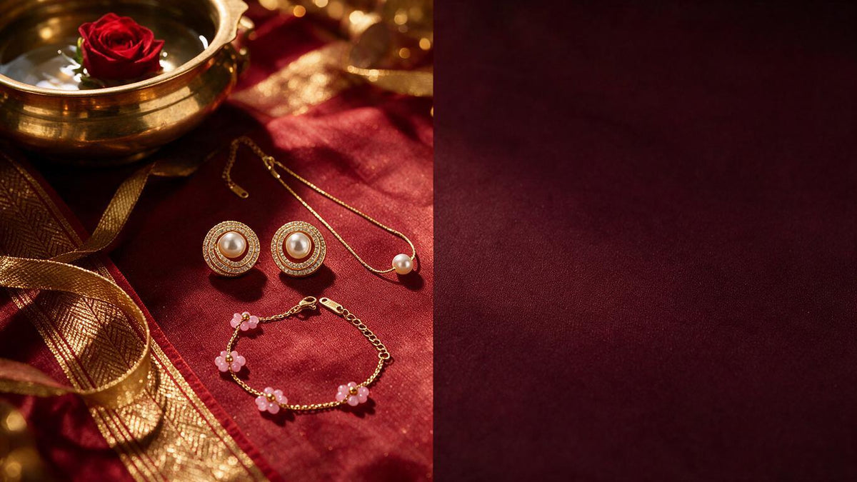 Pearl halo studs, a pearl pendant chain and a pink floral bead bracelet on ruby red silk with a brass urli and rose