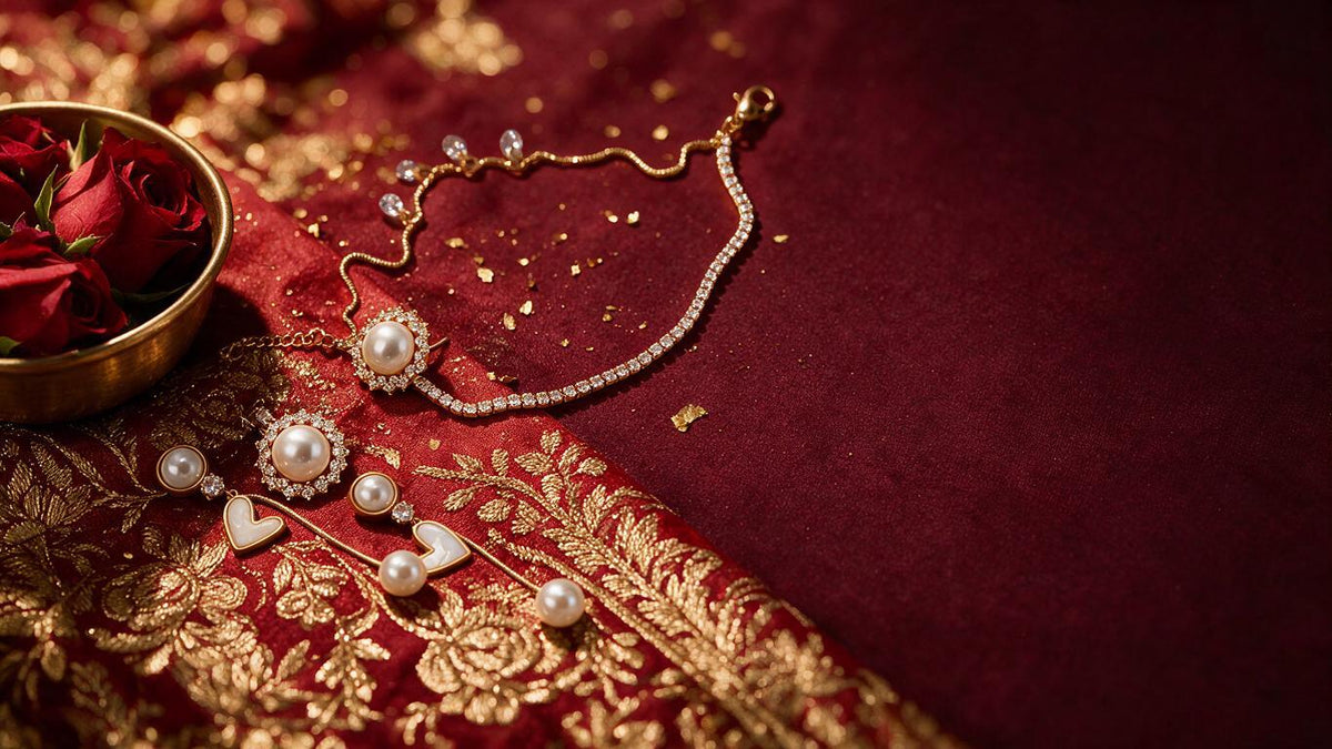 Pearl station necklace with pearl halo studs and heart drops on crimson banarasi silk with gold embroidery and red roses