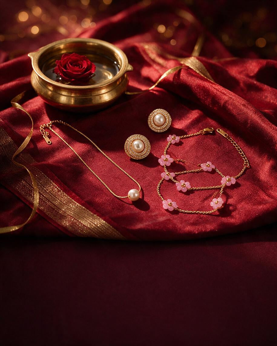 Pearl halo studs, a pearl pendant chain and a pink floral bead bracelet on ruby red silk with a brass urli and a red rose