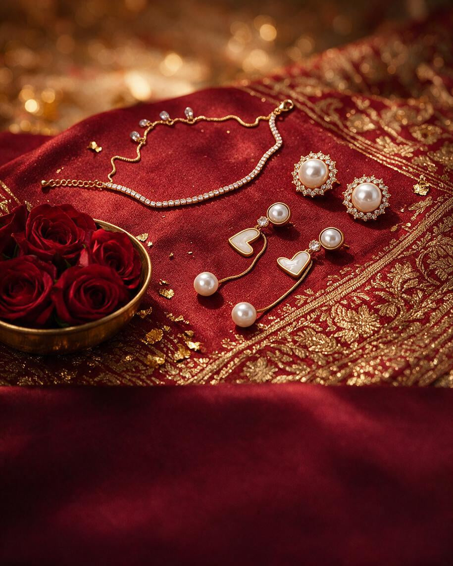 Pearl station necklace with pearl halo studs and heart drops on crimson banarasi silk with gold embroidery and red roses