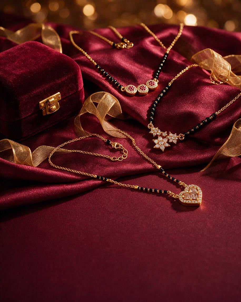 Black bead mangalsutra chains with ruby, star and heart pendants on wine velvet with a gold ribbon