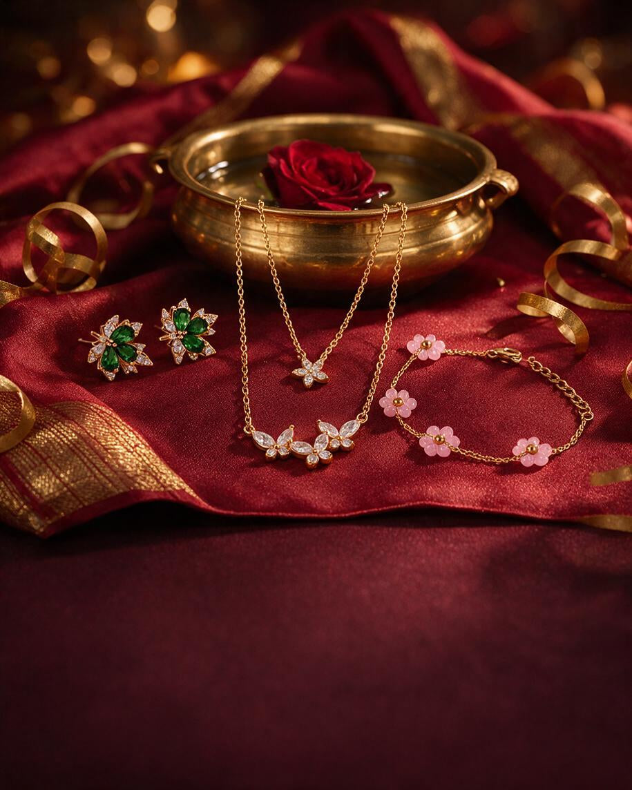 Green stone studs with a floral pendant chain and pink bead bracelet on ruby silk with a brass urli