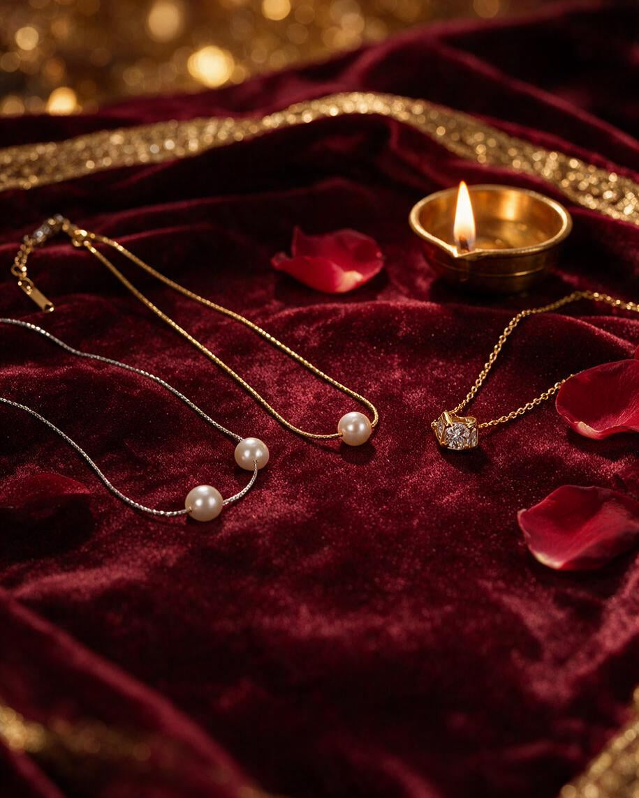 Dainty pearl and crystal pendant chains on deep maroon velvet with a brass diya and rose petals