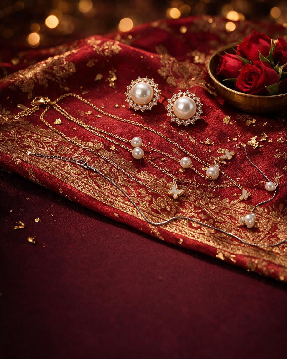 Pearl halo studs and layered pearl chains on crimson silk with gold embroidery and red roses