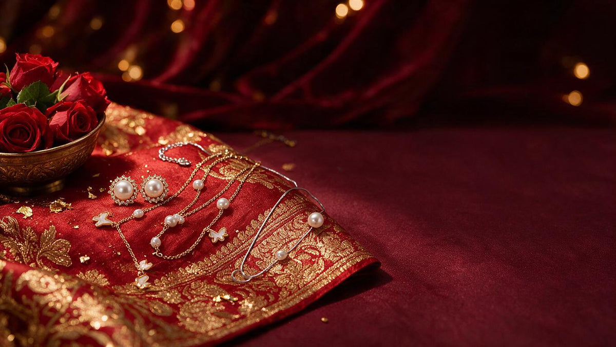 Pearl halo studs and layered pearl chains on crimson silk with gold embroidery and red roses