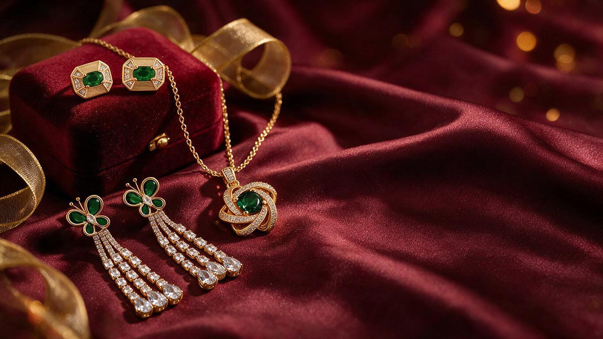 Emerald green stone studs, green butterfly drops and a green pendant necklace on maroon velvet